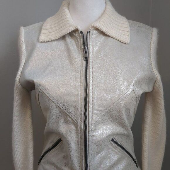 Phosphorus Leather Jacket Knit Sleeves Wool Blend Silver Zippers Size Small - Picture 6 of 12